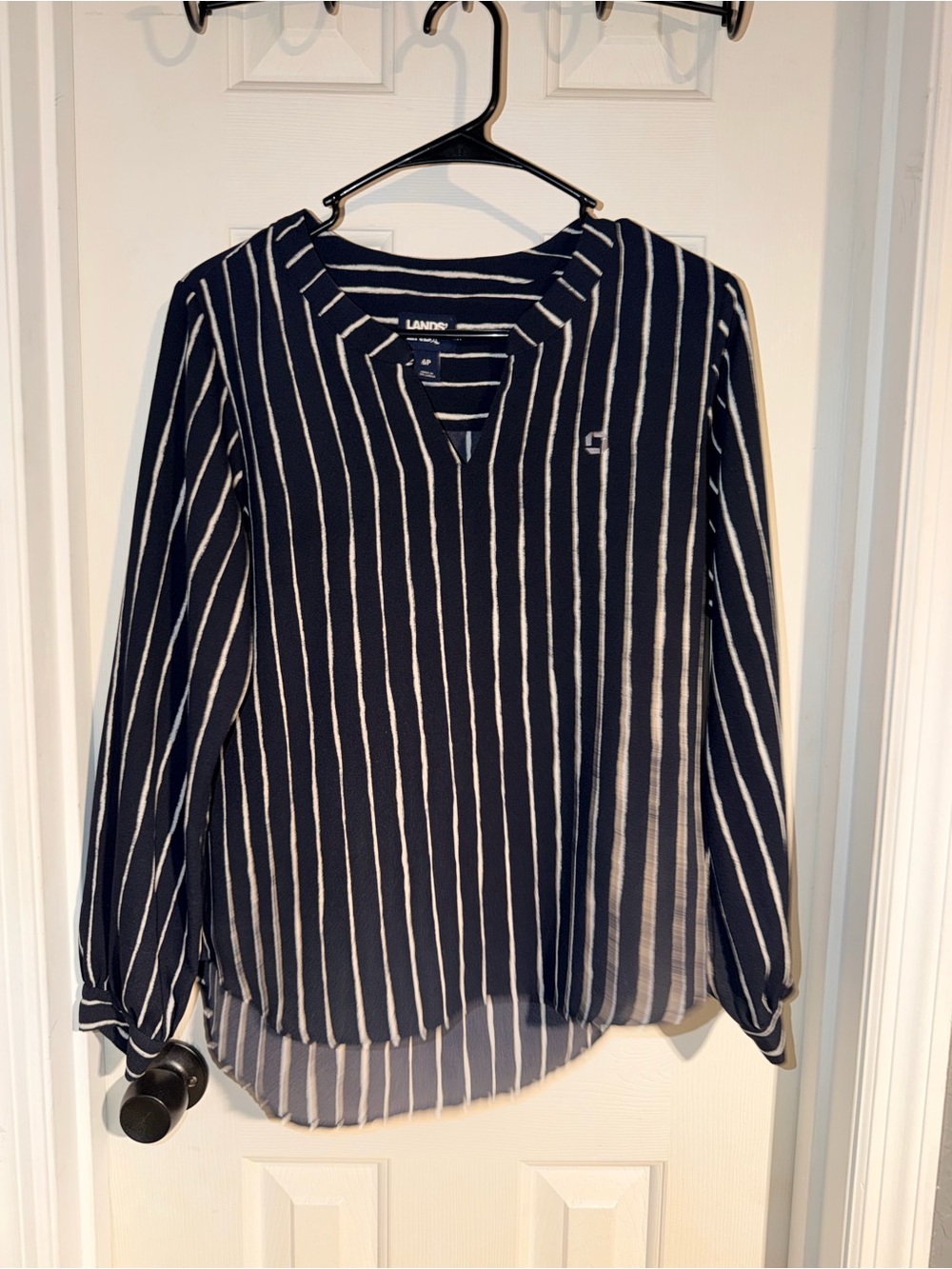 Lands' End Navy and White Vertical Stripe Long Sleeve Top
